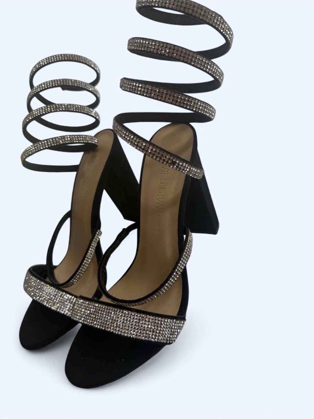 Black Rhinestone Spiral Strap Block Heel Sandals